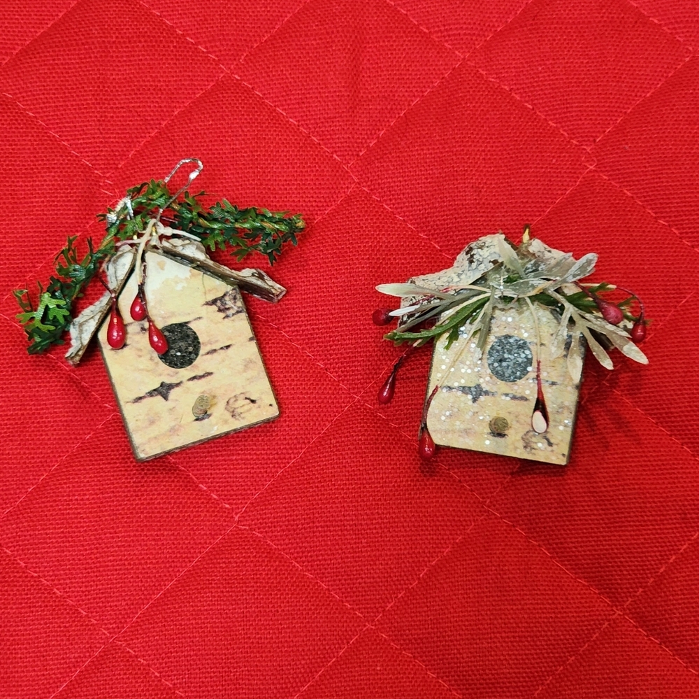 Set of 2 Rustic Birdhouse Christmas Ornaments